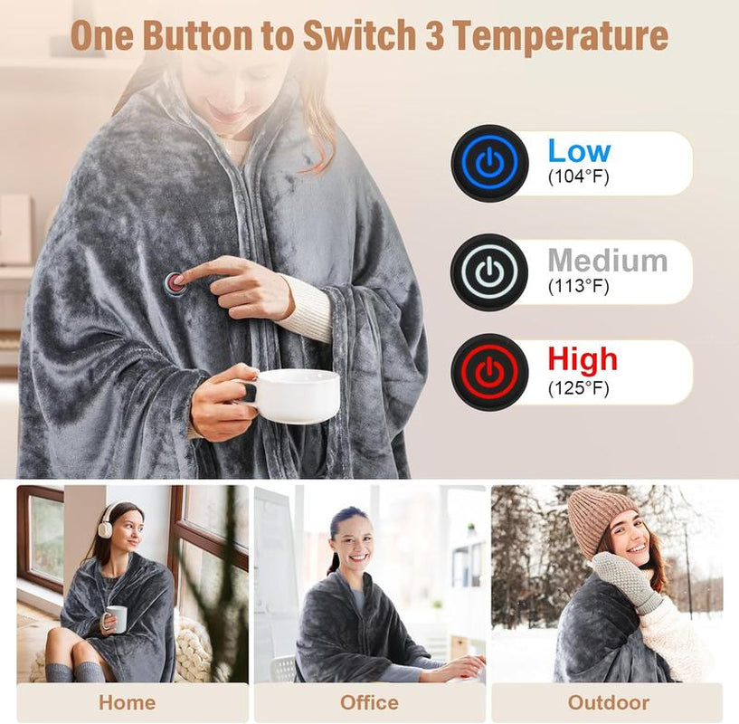 Heating Blanket Shawl,Wearable Electric Warming Blanket Poncho with 5000Mah Rechargeablebattery, 3-Temperature Settings, 59"X31"Portable Electric Flannel Throw for Home,Office Camping & Travel-Usb Powered Fall/Winter Holiday Gift Blanket Electric