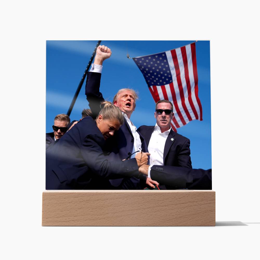 Iconic Photo of Donald J Trump Raising Fist in Air After Being Shot Acrylic Lighted Plaque