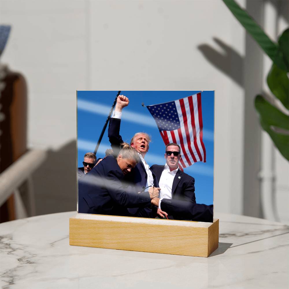 Iconic Photo of Donald J Trump Raising Fist in Air After Being Shot Acrylic Lighted Plaque