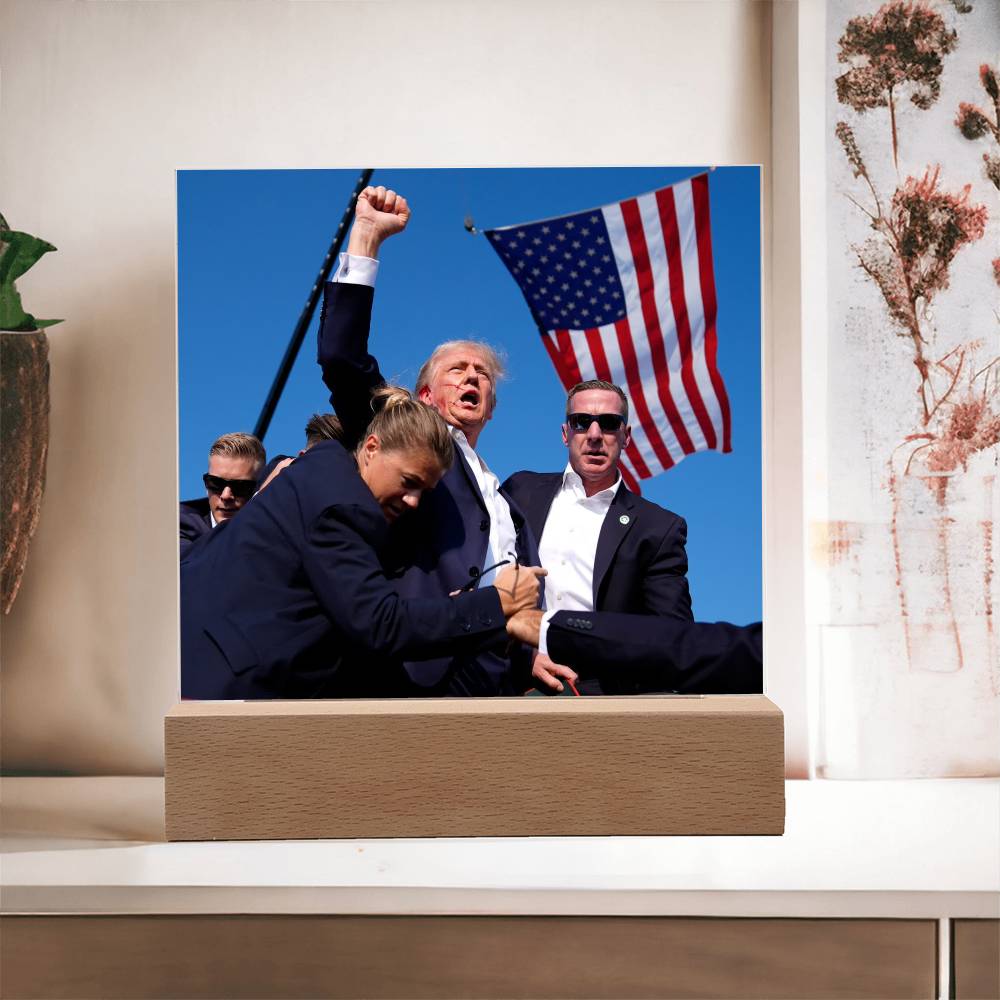 Iconic Photo of Donald J Trump Raising Fist in Air After Being Shot Acrylic Lighted Plaque