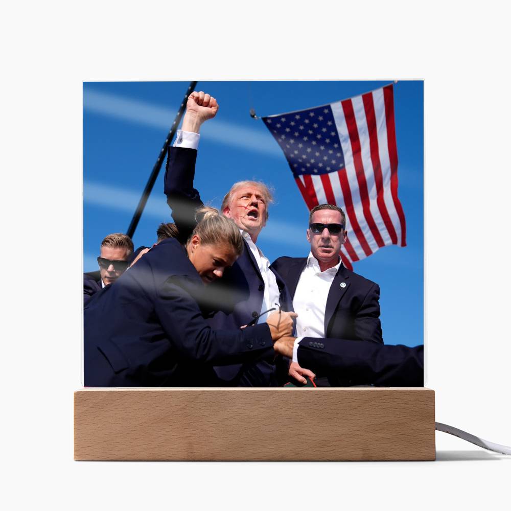 Iconic Photo of Donald J Trump Raising Fist in Air After Being Shot Acrylic Lighted Plaque