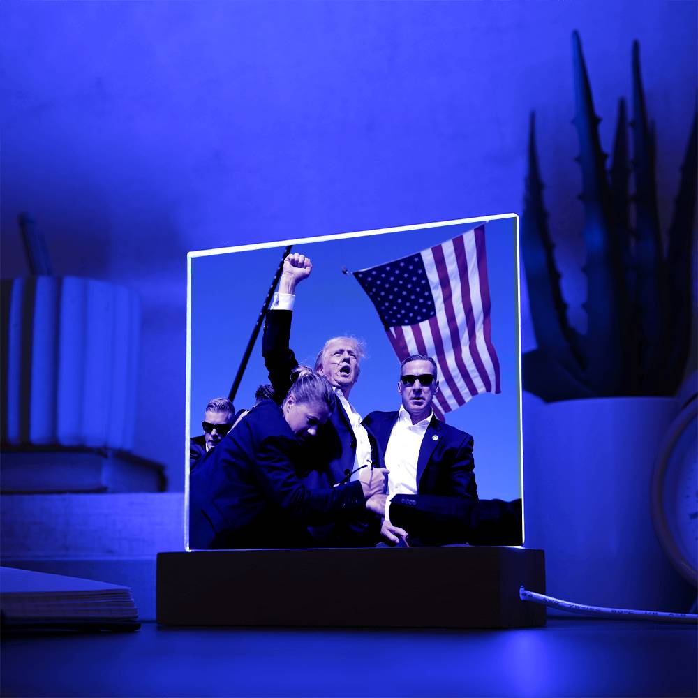 Iconic Photo of Donald J Trump Raising Fist in Air After Being Shot Acrylic Lighted Plaque