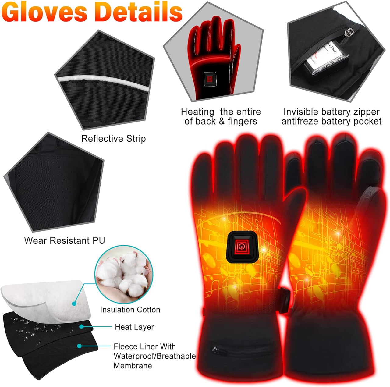 7.4V Heated Gloves Rechargeable Electric Battery Heated Gloves for Men Women,Touchscreen Thermal Heat Gloves,Battery Heated Ski Cycling Hunting Winter Hot Thermal Gloves Hand Warmer