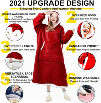 Thumbnail for Wearable Blanket Hoodie, Oversized Sweatshirt with Sleeves and Folding Giant Pocket, Warm and Cozy Big Sherpa Hoodie for Adult (Red, One Size)