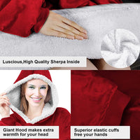 Thumbnail for Wearable Blanket Hoodie, Oversized Sweatshirt with Sleeves and Folding Giant Pocket, Warm and Cozy Big Sherpa Hoodie for Adult (Red, One Size)