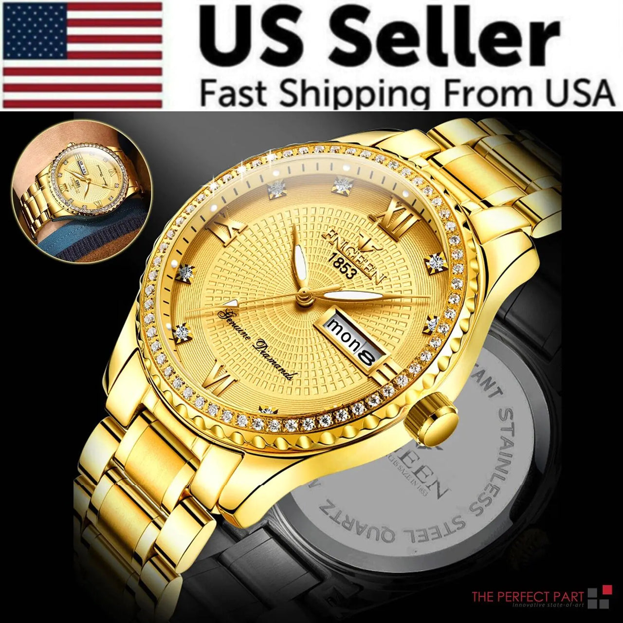 Waterproof Gold Men's Watch, Classic, Stainless Steel Quartz Analog