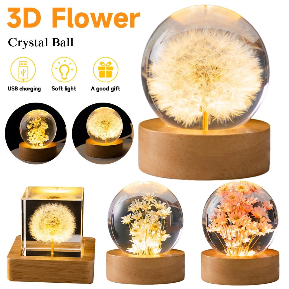 LED Night Light, Flower Crystal Ball, Children Night Lamp With Wooden Base - Epic Trends and Gifts-LED Night Light Flower Crystal Ball Chil-LED Night Light, Flower Crystal Ball, Children Night Lamp With Wooden Base